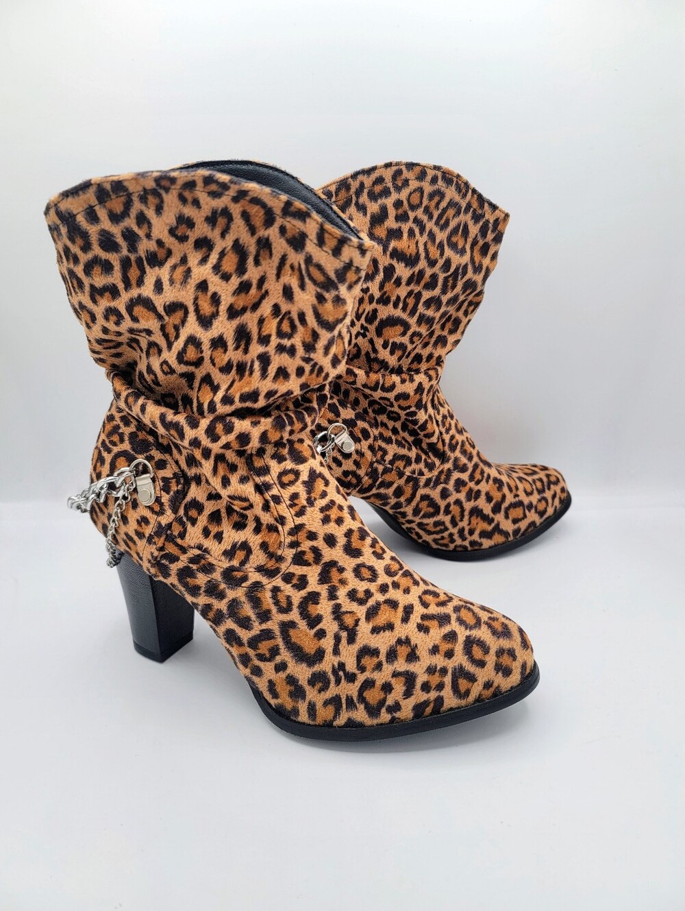 Leopard Print Slouch Boots Size 38 Chain Detail Block Heel Animal Print Booties